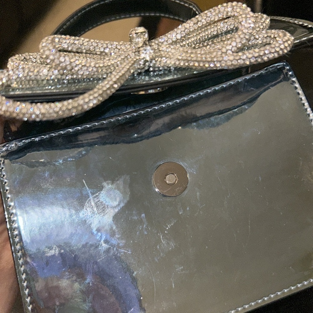 ALDO CHROME BLUE RHINESTONE BOW MINI CROSSBODY BAG TEAL - Picture 3 of 8